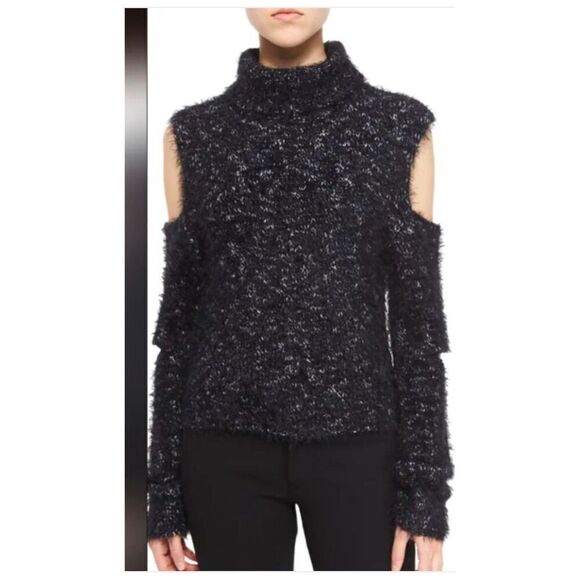 Jonathan Simkhai Women's Black Cold Shoulder Fuzzy Turtleneck Sweater L - Picture 3 of 9